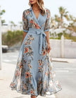 Blue FJØRNA midi dress for women with lapel collar and printed design, showcasing a stylish and elegant dress silhouette.