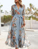 Blue FJØRNA midi dress for women with lapel collar and printed design, showcasing a stylish and elegant dress silhouette.