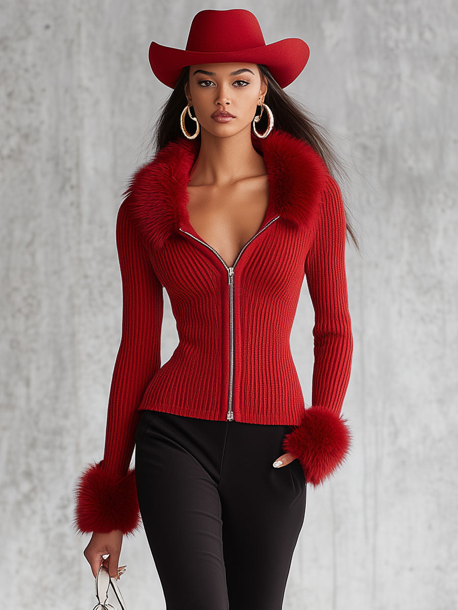 Faux Fur Collar Zip-Up Knit Cardigan with Lapels and Fur Cuffs for Women