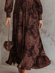 FJØRNA retro zipper neck long sleeve paisley print women's midi dress, showcasing classic paisley pattern and elegant design.