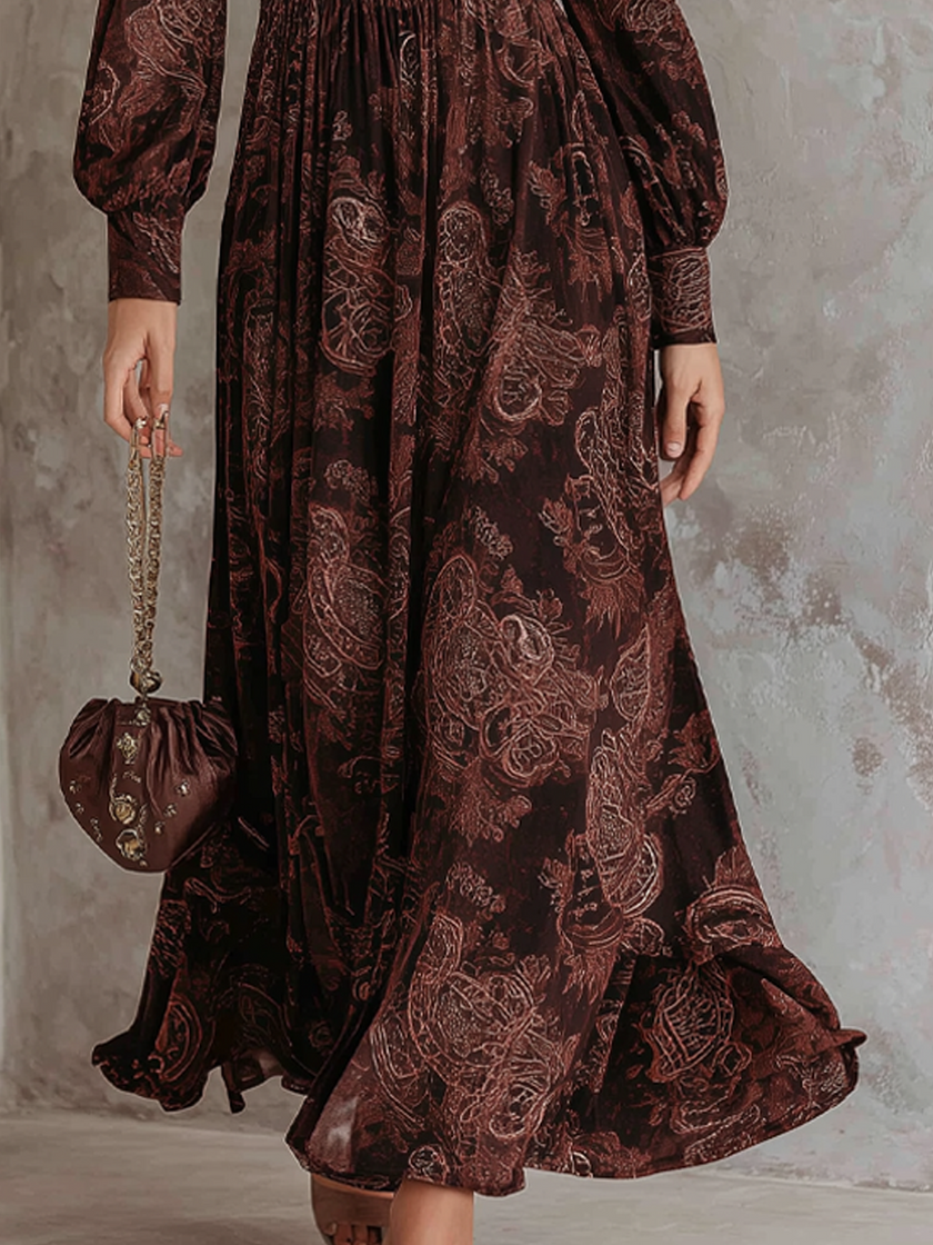 FJØRNA retro zipper neck long sleeve paisley print women's midi dress, showcasing classic paisley pattern and elegant design.