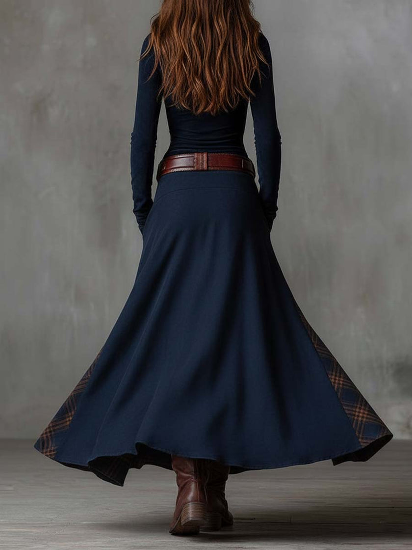 FJØRNA suede patchwork maxi dress for women with flowing silhouette and mixed fabric details, stylish and comfortable for casual wear.