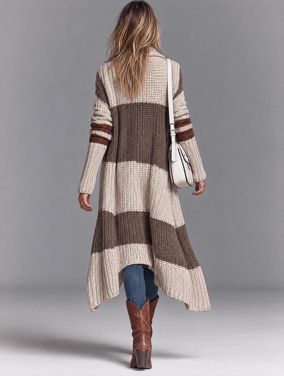 Long Zip-Up Knit Cardigan with Shawl Collar and Relaxed Fit for Women