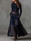 FJØRNA suede patchwork maxi dress for women featuring a flowing silhouette and multicolored patchwork design.