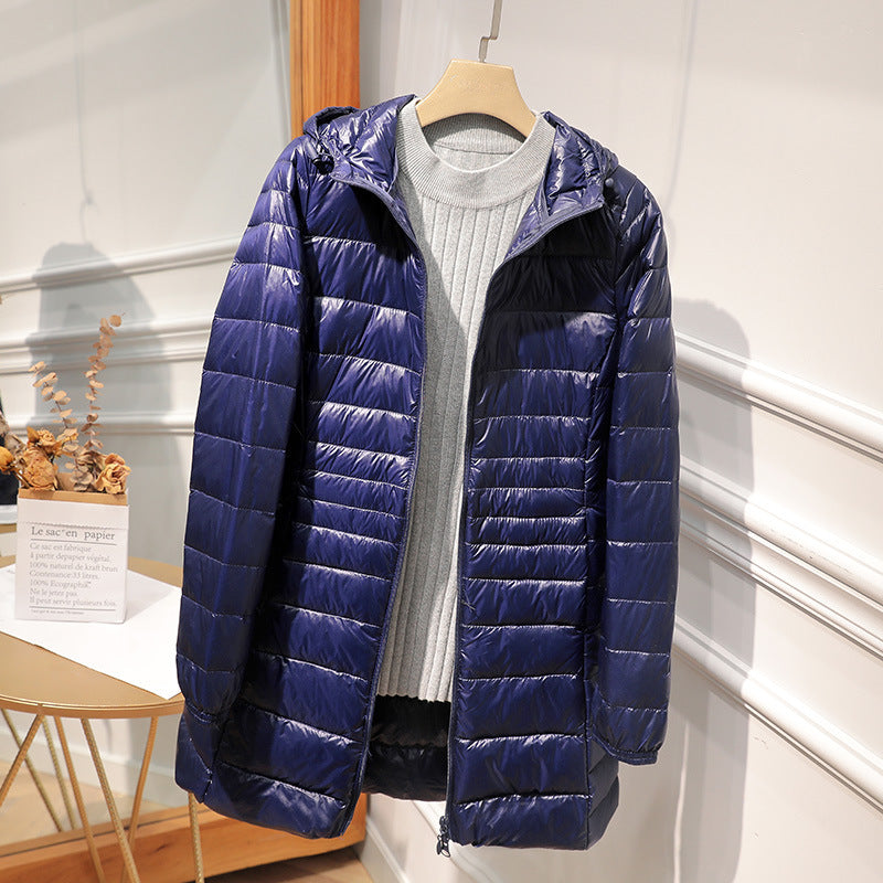 Quilted Jacket Women Hooded Zip Front Lightweight Mid-Length