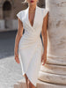 FJØRNA cap sleeve draped V-neck midi dress, elegant wedding guest dress in soft fabric, stylish and comfortable for formal occasions