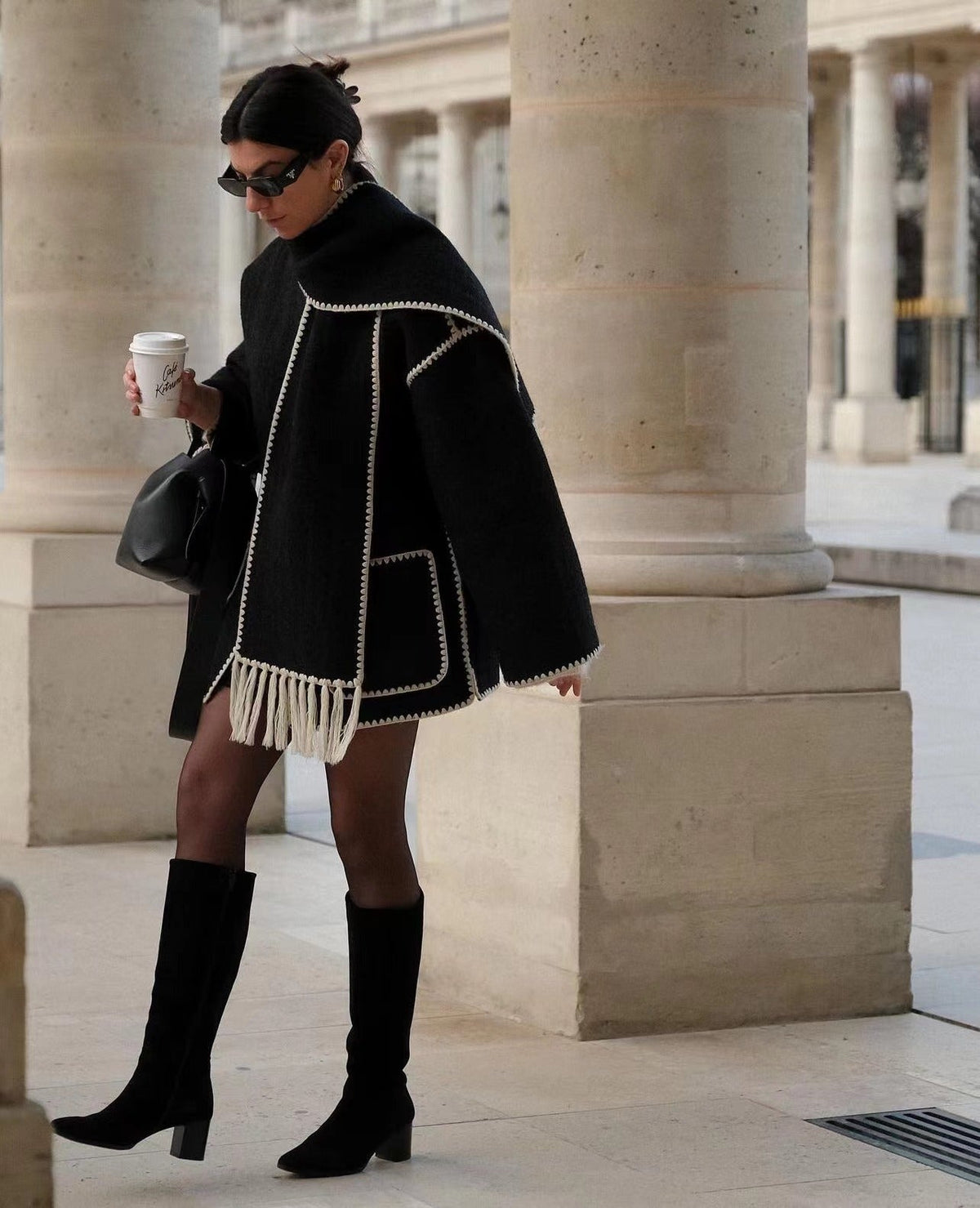 Cape Coat Open Front Fringe Hem Contrast Trim Oversized Poncho Wrap | Fenna