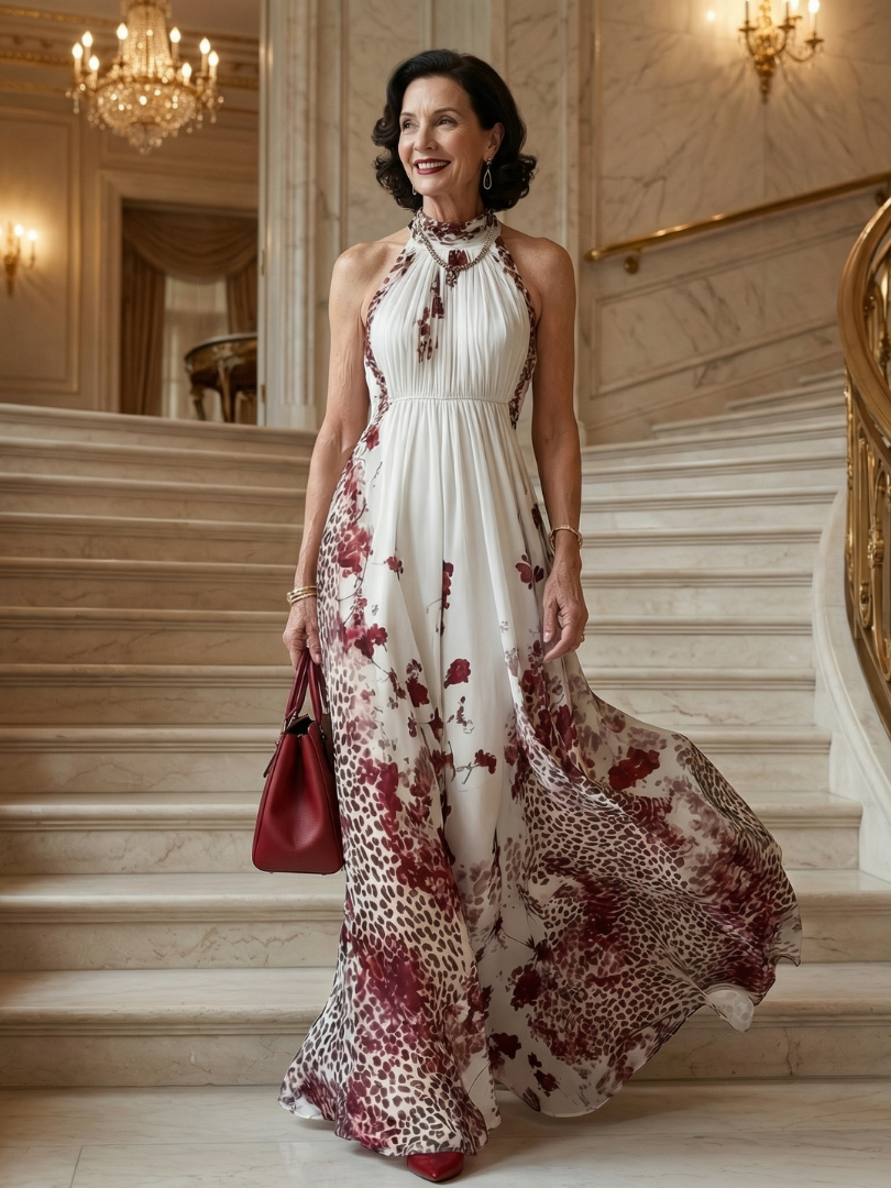Floral summer maxi dress for women by FJØRNA featuring long sleeves and pleated design, perfect for warm weather wear.