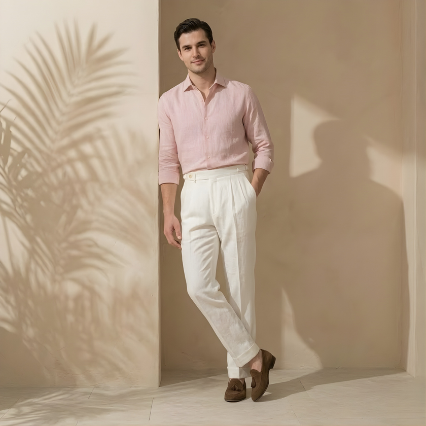 Men's linen pleated straight-leg trousers by FJØRNA, tailored linen pants featuring a classic fit and clean pleated design.