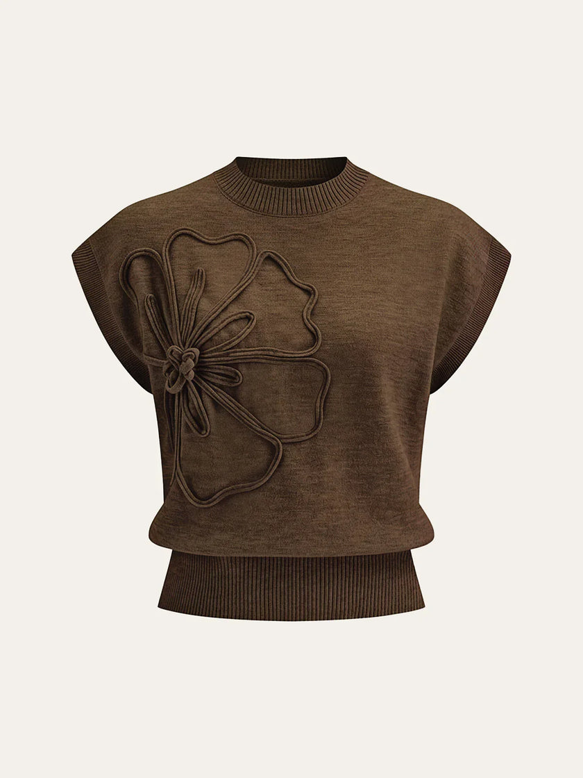 Knit Top Women Cap Sleeve Floral Appliqué Crew Neck