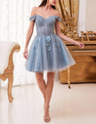 Sky blue off-shoulder tulle cocktail dress for women with floral embroidery by FJØRNA, featuring a feminine and elegant design.