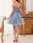 Sky blue FJØRNA tulle cocktail dress for women, off-shoulder style with floral embroidery and elegant design.