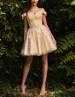 Sky blue off-shoulder tulle cocktail dress with floral embroidery by FJØRNA, featuring a feminine and elegant design for women.