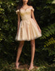 Sky blue off-shoulder tulle cocktail dress with floral embroidery by FJØRNA, featuring a feminine and elegant design for women.