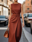 FJØRNA women's midi dress with round neck, pleated sleeveless design, elegant and flowy for stylish occasions
