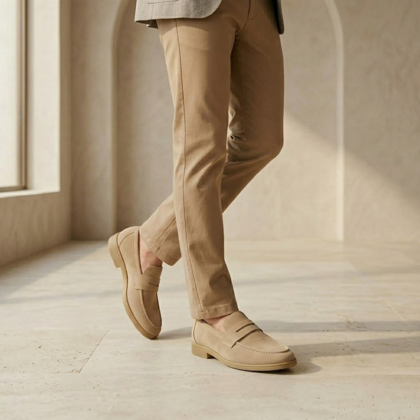 Men's suede slip-on loafers by FJØRNA, showcasing the stylish brown suede shoes with a smooth, rounded toe and slip-on design.
