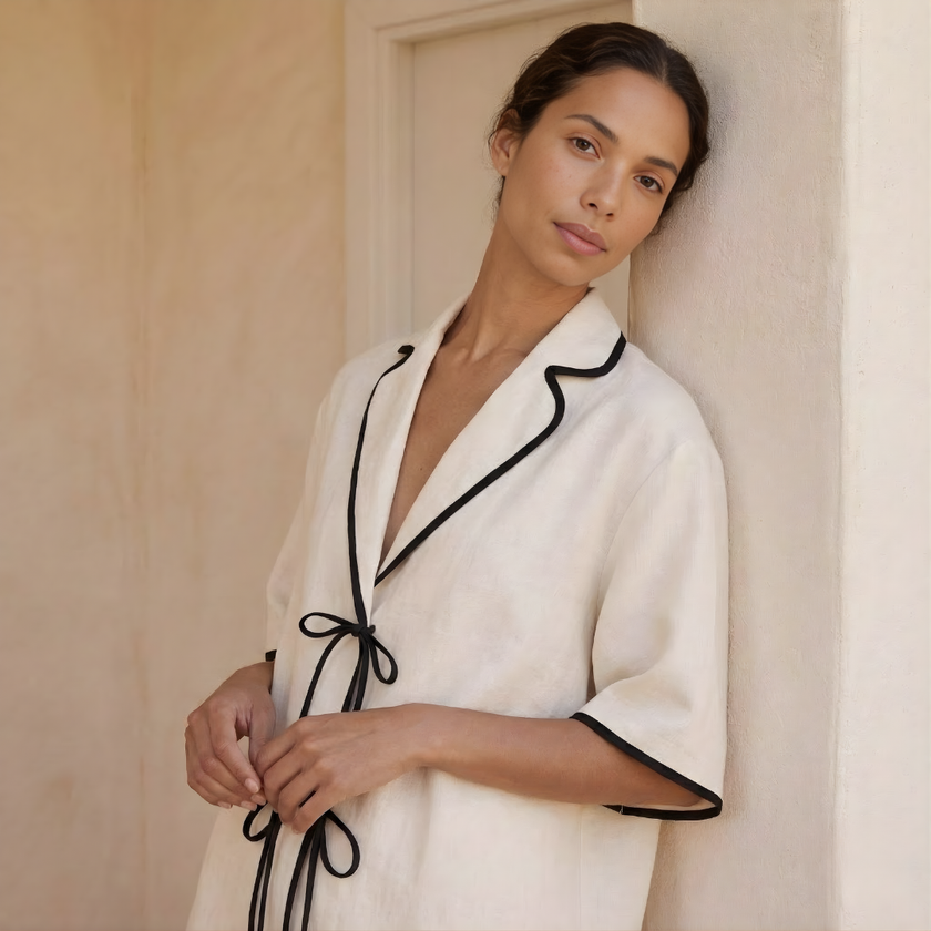 FJØRNA linen blend co-ord set for women featuring a stylish top and matching pants in soft, breathable fabric.