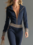 Dark blue knitted hooded zip-up V-neck jumpsuit for women, featuring comfortable pants by FJØRNA, shown in image 5_3.