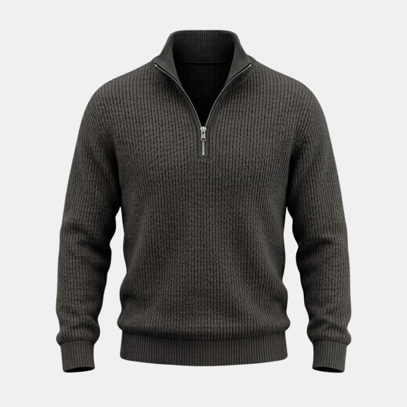 Men's FJØRNA half-zip collar knit jumper sweater in a cozy, textured knit with a high collar and half-zip closure.