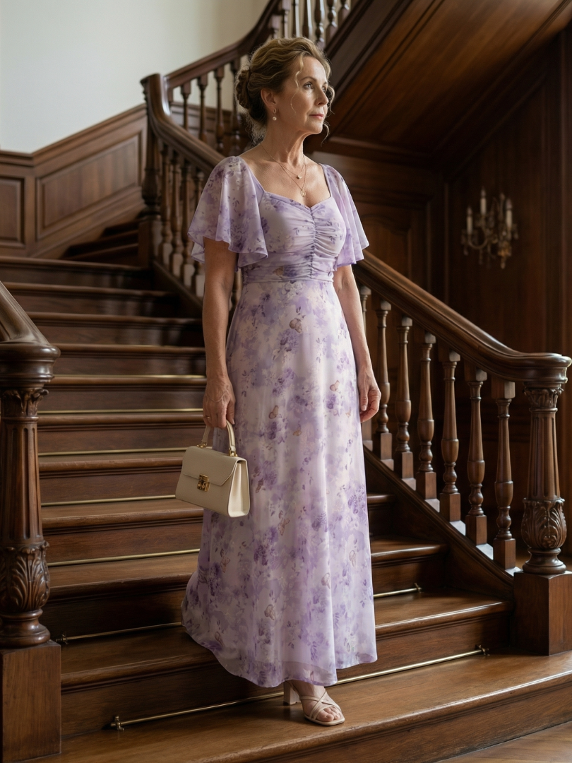 FJØRNA women's summer midi dress with floral pattern and square neckline, stylish and comfortable for warm weather.