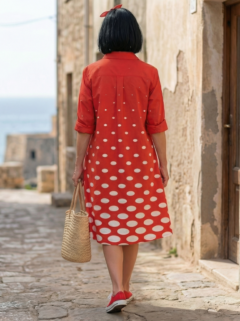 FJØRNA women's summer dress with polka dots and pockets, lightweight and stylish for warm weather wear.
