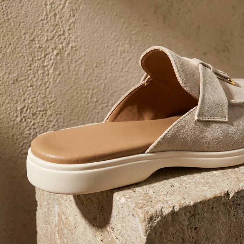 FJØRNA women's red sheepskin suede slip-on flat sandals with brown leather soles, showcasing stylish and comfortable footwear.