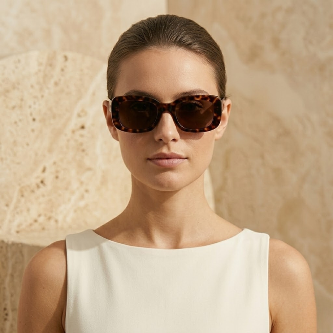 FJØRNA retro tortoiseshell rectangular unisex sunglasses with dark lenses, stylish accessory for women and men