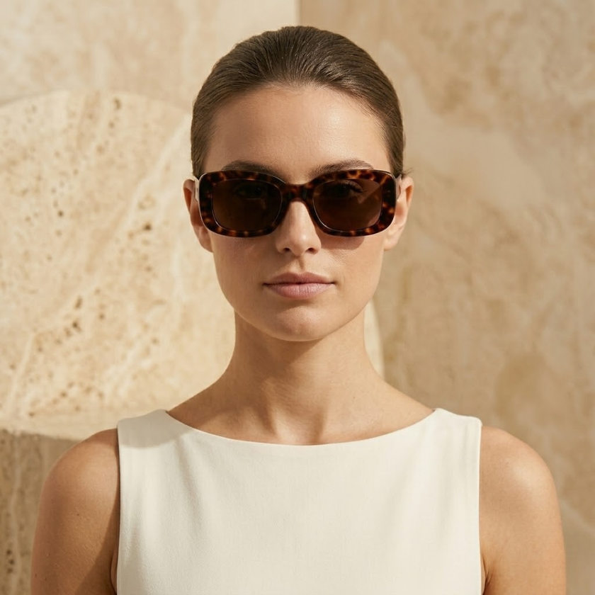 FJØRNA retro tortoiseshell rectangular unisex sunglasses with dark lenses, stylish accessory for women and men
