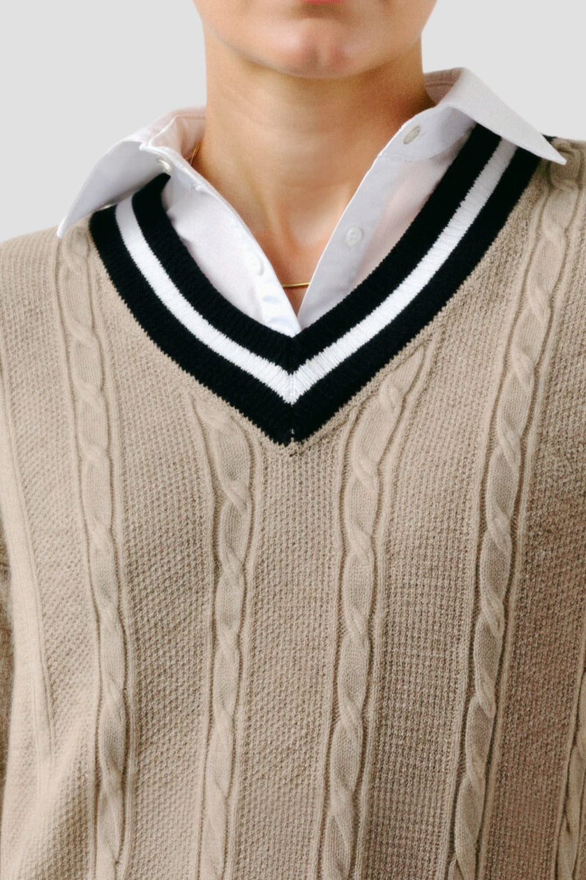 Cable Knit Sweater Women V-Neck Contrast Trim Cotton Long Sleeve