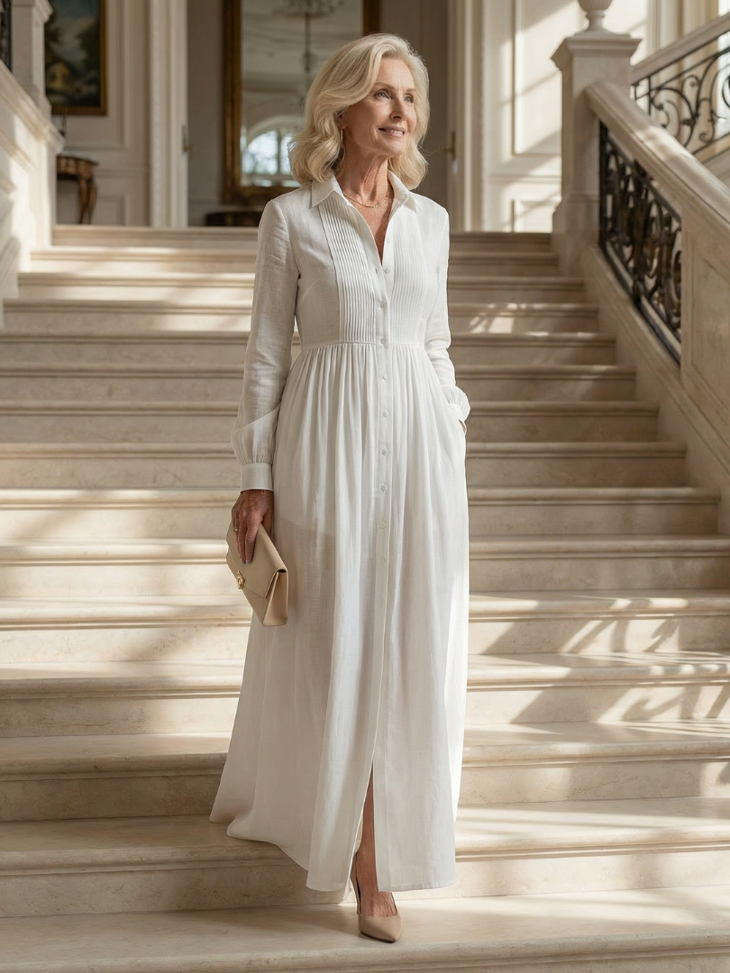 FJØRNA women's summer maxi dress with long sleeves and pockets, flowing lightweight fabric perfect for warm weather.