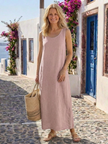 Flowy sleeveless cotton summer midi dress for women by FJØRNA, featuring a relaxed fit and lightweight fabric.