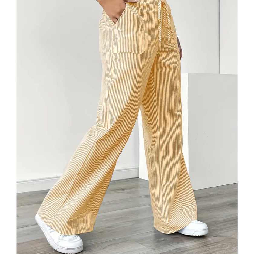 FJØRNA lightweight women's summer trousers with drawstring, striped design, comfortable fit, suitable for casual wear.