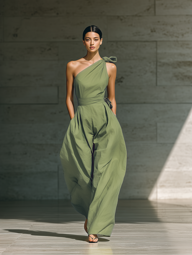 FJØRNA women's cotton-linen one-shoulder jumpsuit with tie waist and wide-leg pants, stylish and comfortable for casual wear