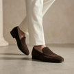 Brown suede FJØRNA men's low-top casual shoes with a classic loafer design, featuring a sleek and comfortable fit.