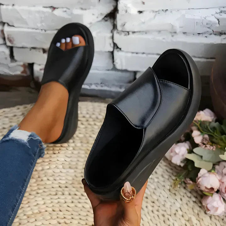 FJØRNA women's orthopedic slip-on shoes with wedge heels, black comfort footwear for women, supportive and stylish for daily wear
