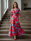 FJØRNA women's floral summer maxi dress with long sleeves, wrap design, flowy fabric, perfect for warm weather.