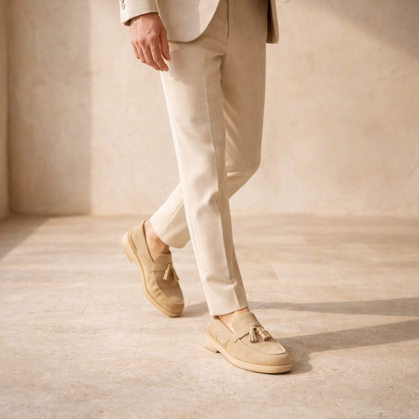 Men's casual suede shoes by FJØRNA, smart lace-up shoes with a sleek design, featuring a classic silhouette and neutral color.