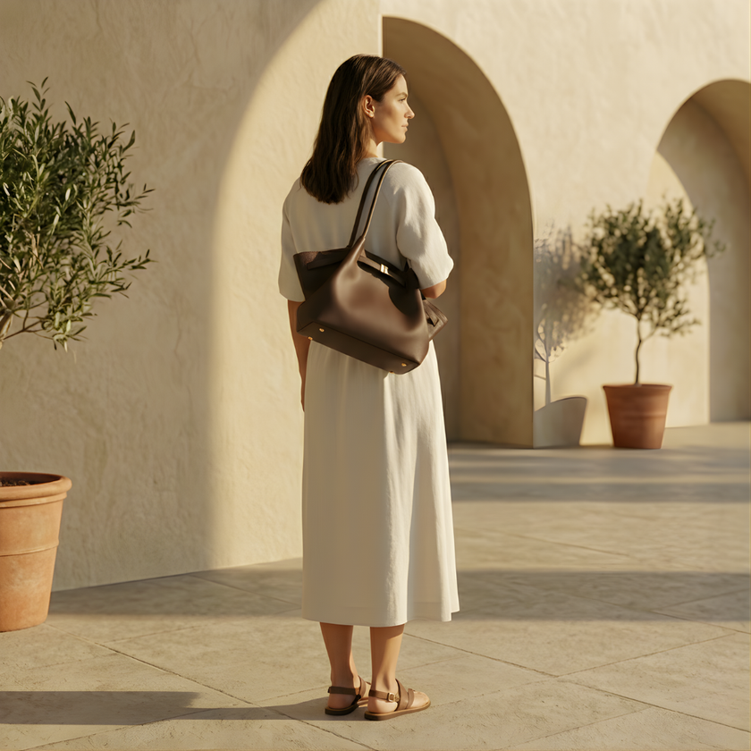FJØRNA vegan leather medium work tote bag with waterproof design, showcasing sturdy handles and spacious interior.