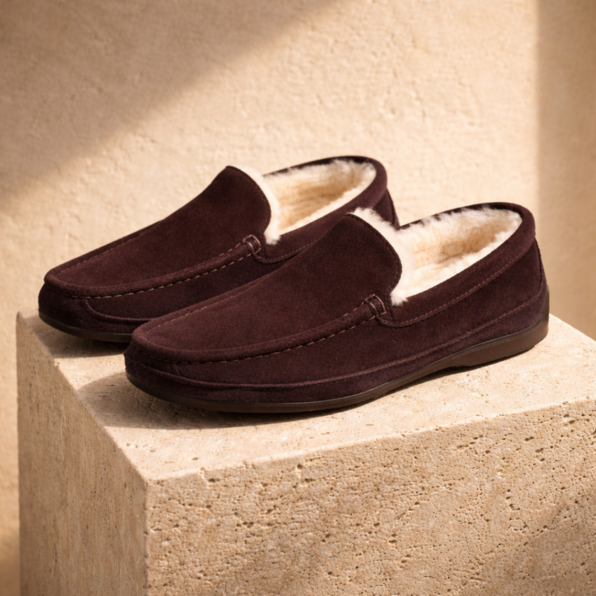 FJØRNA men's suede wool-lined slippers showing soft suede exterior and cozy wool lining for winter comfort.