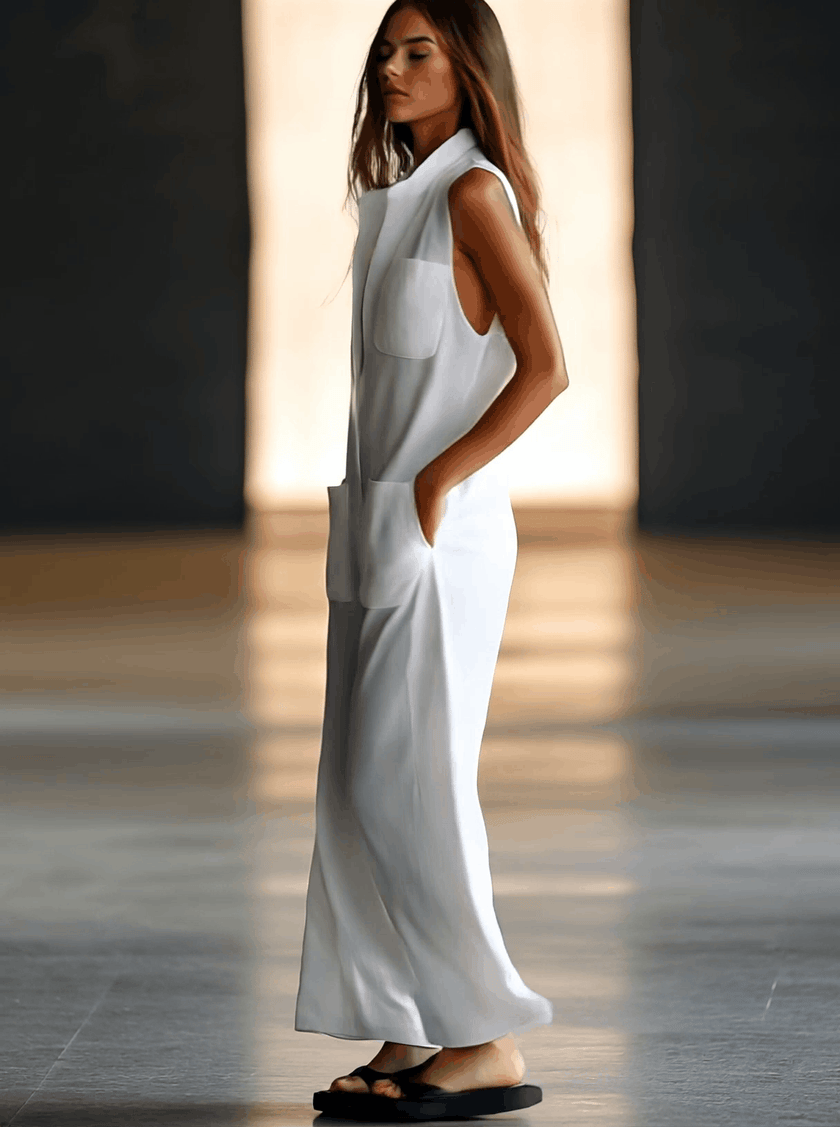 White linen sleeveless wide-leg jumpsuit for women, stylish FJØRNA pants with a relaxed fit, perfect for warm weather.