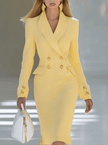 Yellow knit V-neck midi dress by FJØRNA featuring a fitted waist and long sleeves, perfect for elegant evening wear.