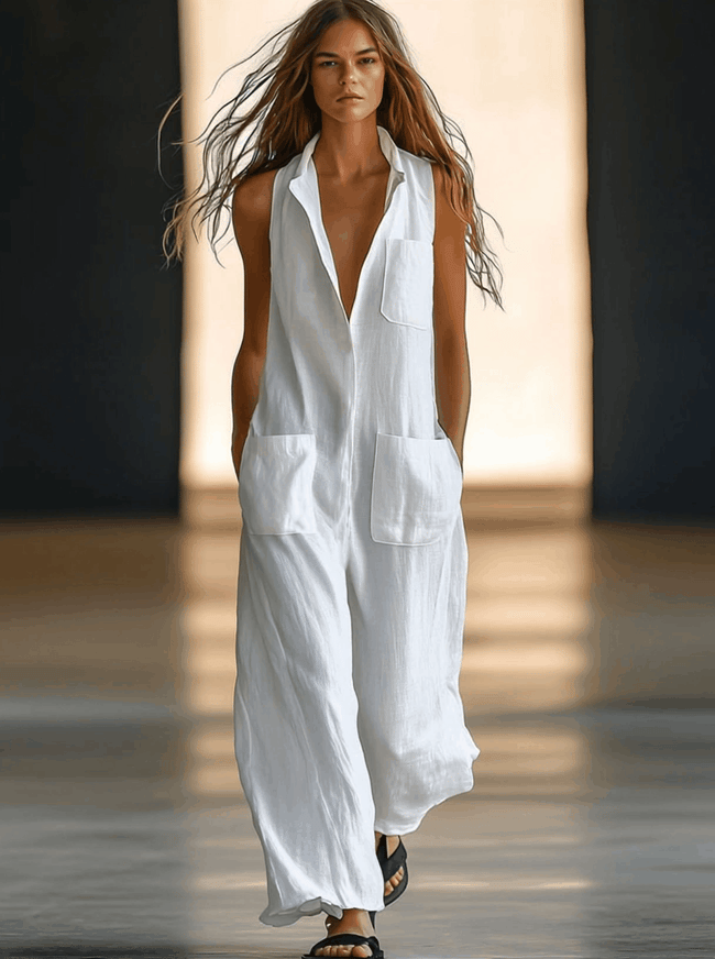 White linen sleeveless wide-leg jumpsuit for women by FJØRNA, featuring a relaxed fit and wide-leg pants.