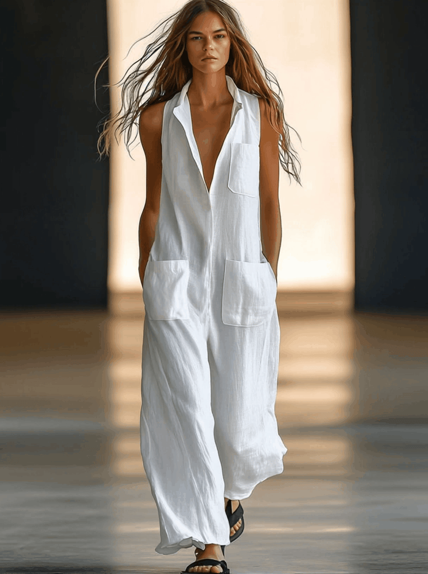White linen sleeveless wide-leg jumpsuit for women by FJØRNA, featuring a relaxed fit and wide-leg pants.