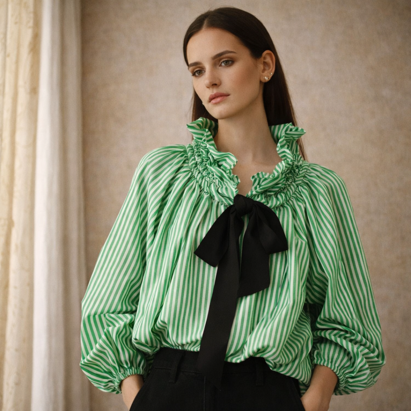 FJØRNA gingham ruffle oversized long sleeve blouse for women, featuring a feminine ruffle detail and relaxed fit.