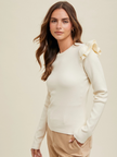 Ruffle Sleeve Knit Sweater Women Relaxed Fit Round Neck
