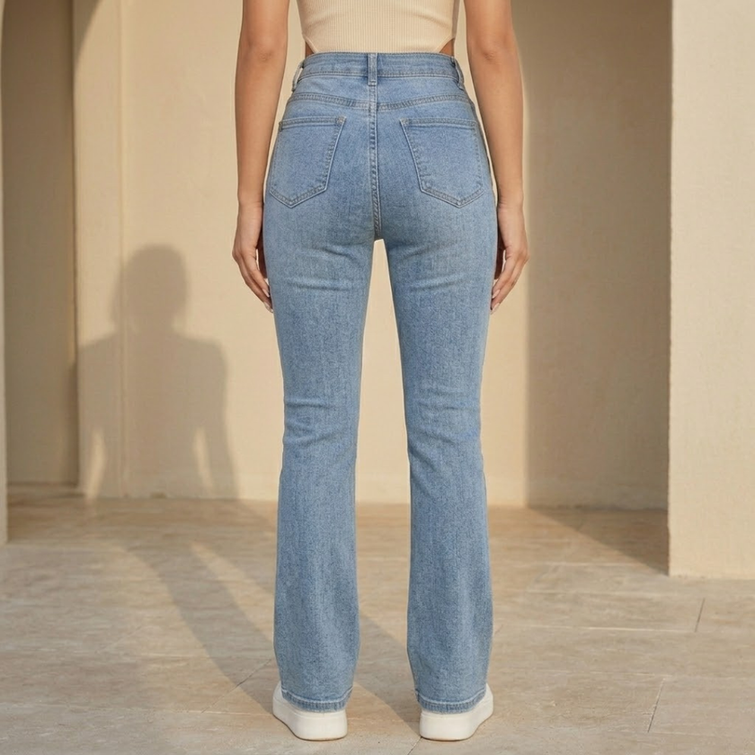 Women's high waist slim fit bootcut jeans by FJØRNA, made of cotton denim, showing the front view of the stylish pants.