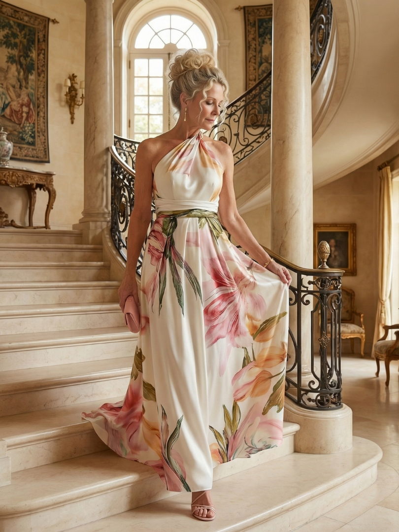 FJØRNA women's floral summer maxi dress with halter neck and sleeveless design, flowing lightweight fabric for warm weather.