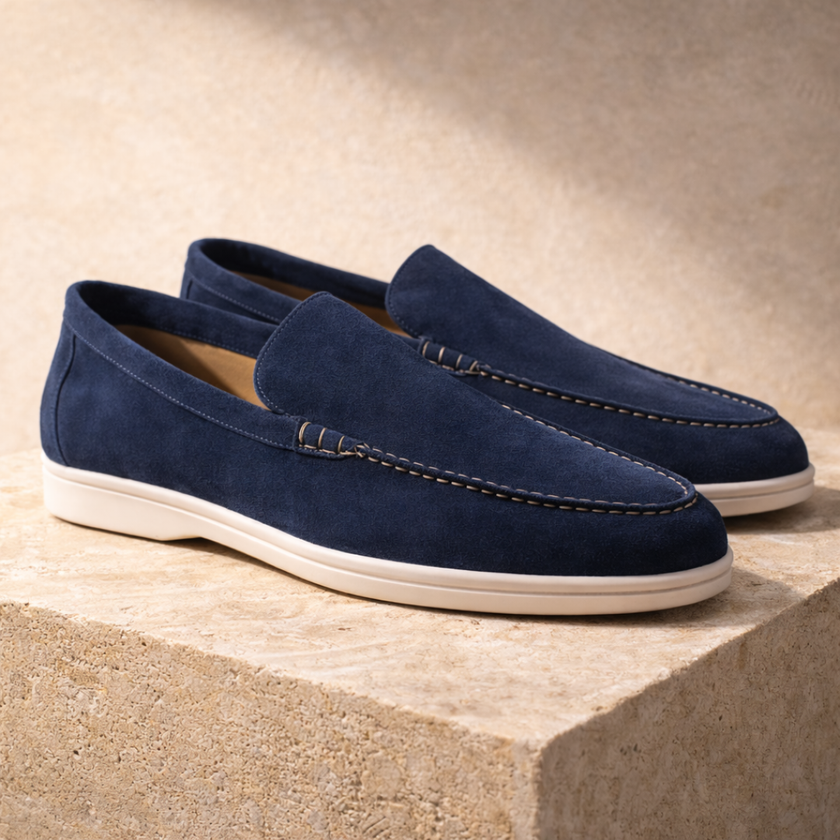 FJØRNA navy suede slip-on loafers for men, showcasing a sleek smart casual shoe with a smooth suede finish.