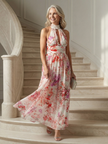 FJØRNA women's floral summer maxi dress with halter neck, sleeveless, flowy design perfect for warm weather.