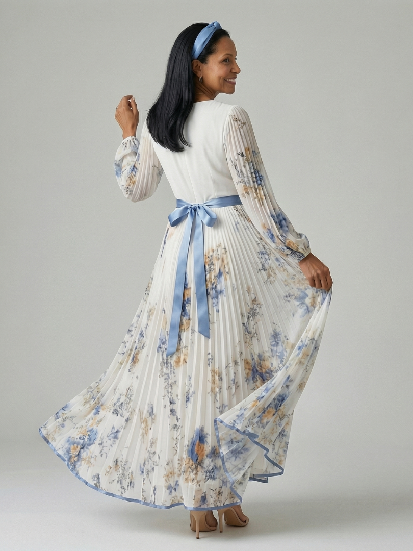 FJØRNA women's summer midi dress with floral long sleeves, lightweight fabric, and a flowy silhouette perfect for warm weather.